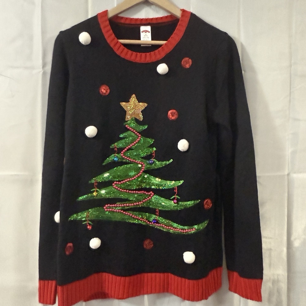 Ugly Christmas Holiday Sweater  Womens M 8/10 Tree 3D Bells Black